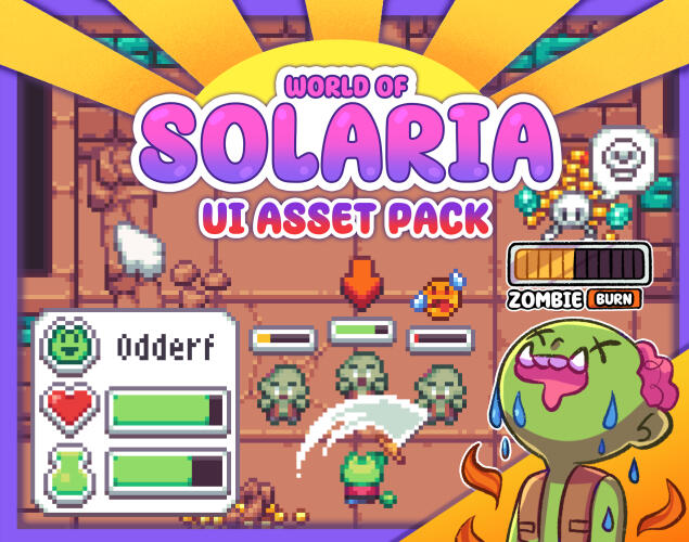 A thumbnail for Jamie Brownhill's World of Solaria UI Asset Pack. A green zombie sweats, while above it, a life bar is half full and an icon indicates the zombie is burning. In the background is a scene of a small green frog warrior slashing at a group of