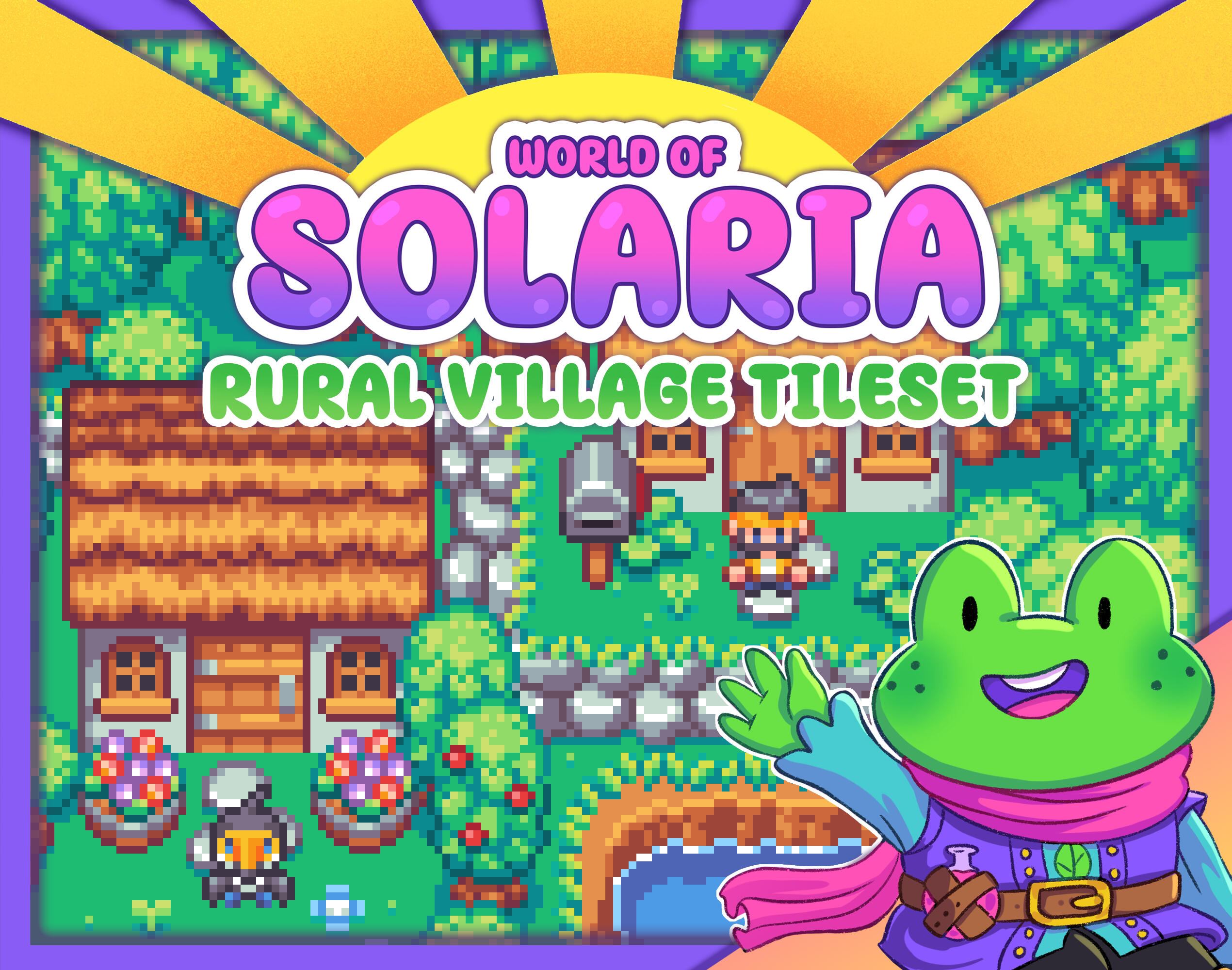 A thumbnail for Jamie Brownhill's World of Solaria UI Asset Pack. A green zombie sweats, while above it, a life bar is half full and an icon indicates the zombie is burning. In the background is a scene of a small green frog warrior slashing at a group of