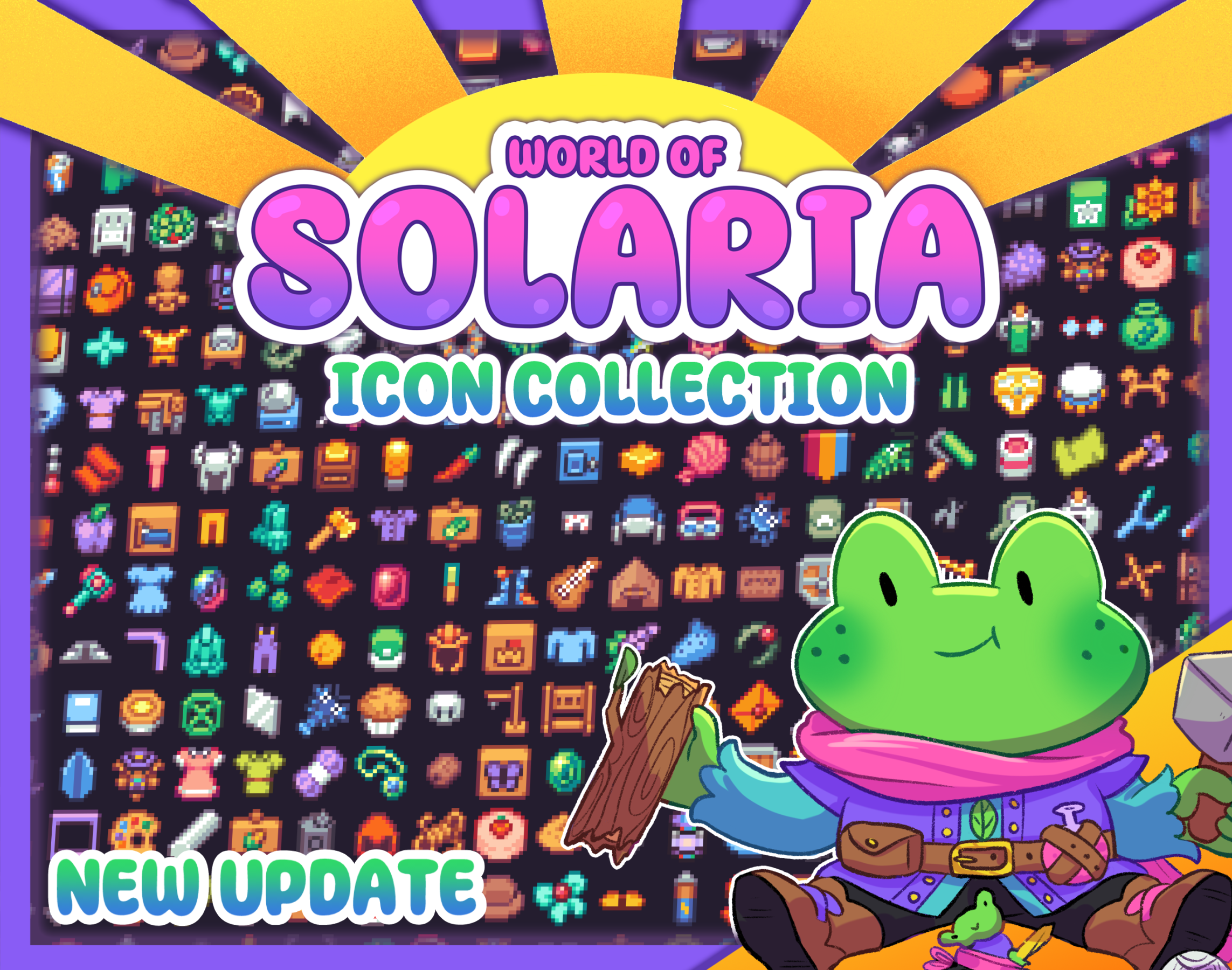 Thumbnail for Jamie Brownhill's Solaria Icon Collection. The image shows a green frog character using various items to create a doll of himself. The background displays a selection of the icons available in the pack. Text reads "Solaria Icon Collection".