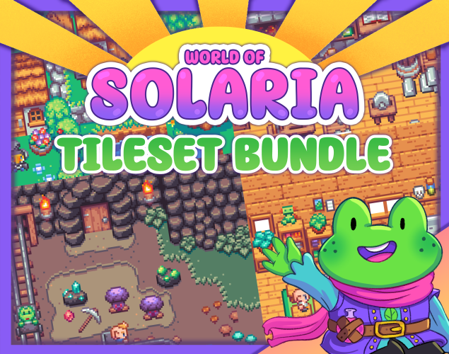 A thumbnail for Jamie Brownhill's World of Solaria Tileset Bundle. A small green anthropomorphic frog waves at the viewer. In the background is a collage of pixel art scenes, indicating items included in the bundle.