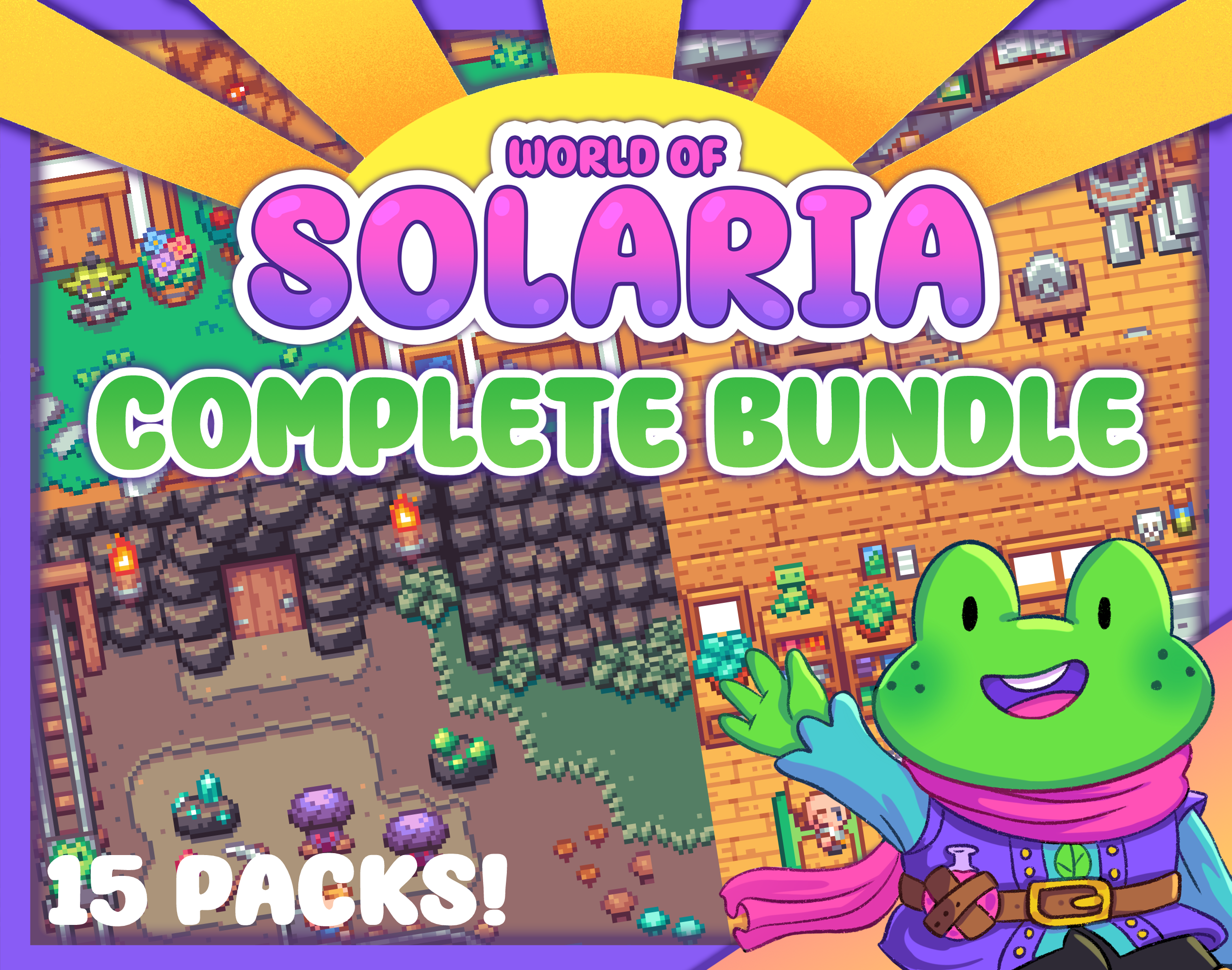 A thumbnail for Jamie Brownhill's World of Solaria Tileset Bundle. A small green anthropomorphic frog waves at the viewer. In the background is a collage of pixel art scenes, indicating items included in the bundle.