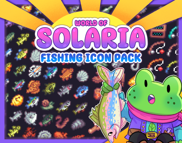 A thumbnail for Jamie Brownhill's World of Solaria Fishing Icon Pack. A small green anthropomorphic frog holds a rainbow trout aloft. In the background is a selection fish drawn in pixel art.