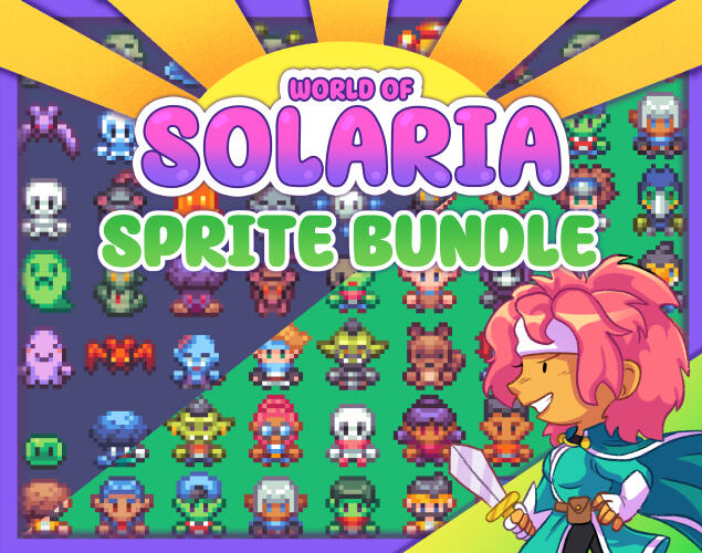 A thumbnail for Jamie Brownhill's World of Solaria Sprite Bundle. A pink-haired female warrior grins mischievously. In the background is a selection of pixel art sprites of fantasy monsters and humanoid characters.